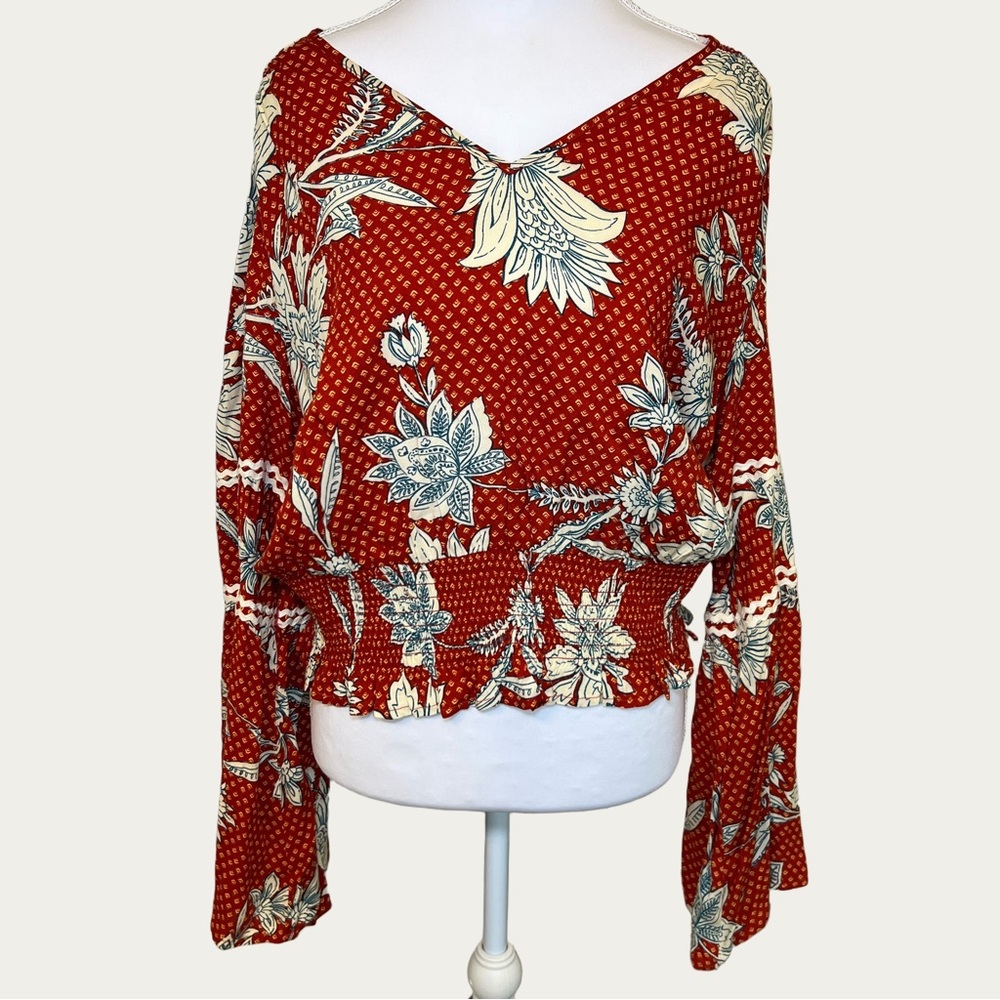 Jessica Simpson Women’s Red‎ Floral Blouse Flowy Bell Sleeves Boho Size Medium